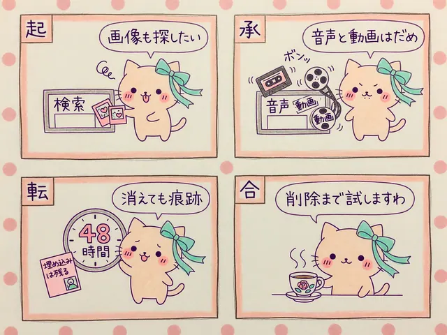 子猫の4コマの図。画像も検索できるが音声と動画は対象外で、消しても48時間は痕跡が残るため、削除まで試す流れ