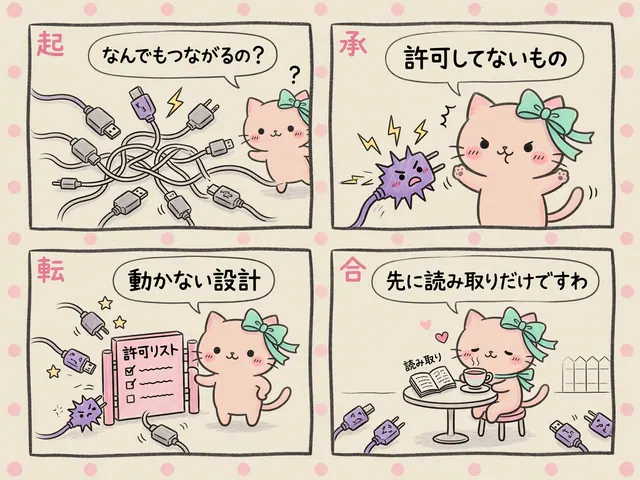 子猫の4コマの図。何でもつながると許可していないものまで動くので、許可リストで絞り、先に読み取りだけで試す流れ
