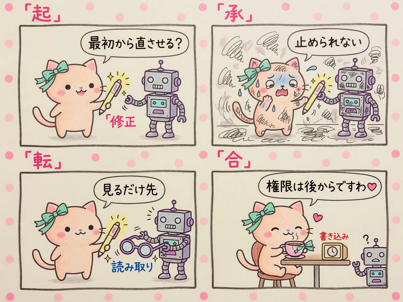 子猫の4コマの図。最初から直させず、見るだけの権限で始め、書き込む権限は後から足す流れ
