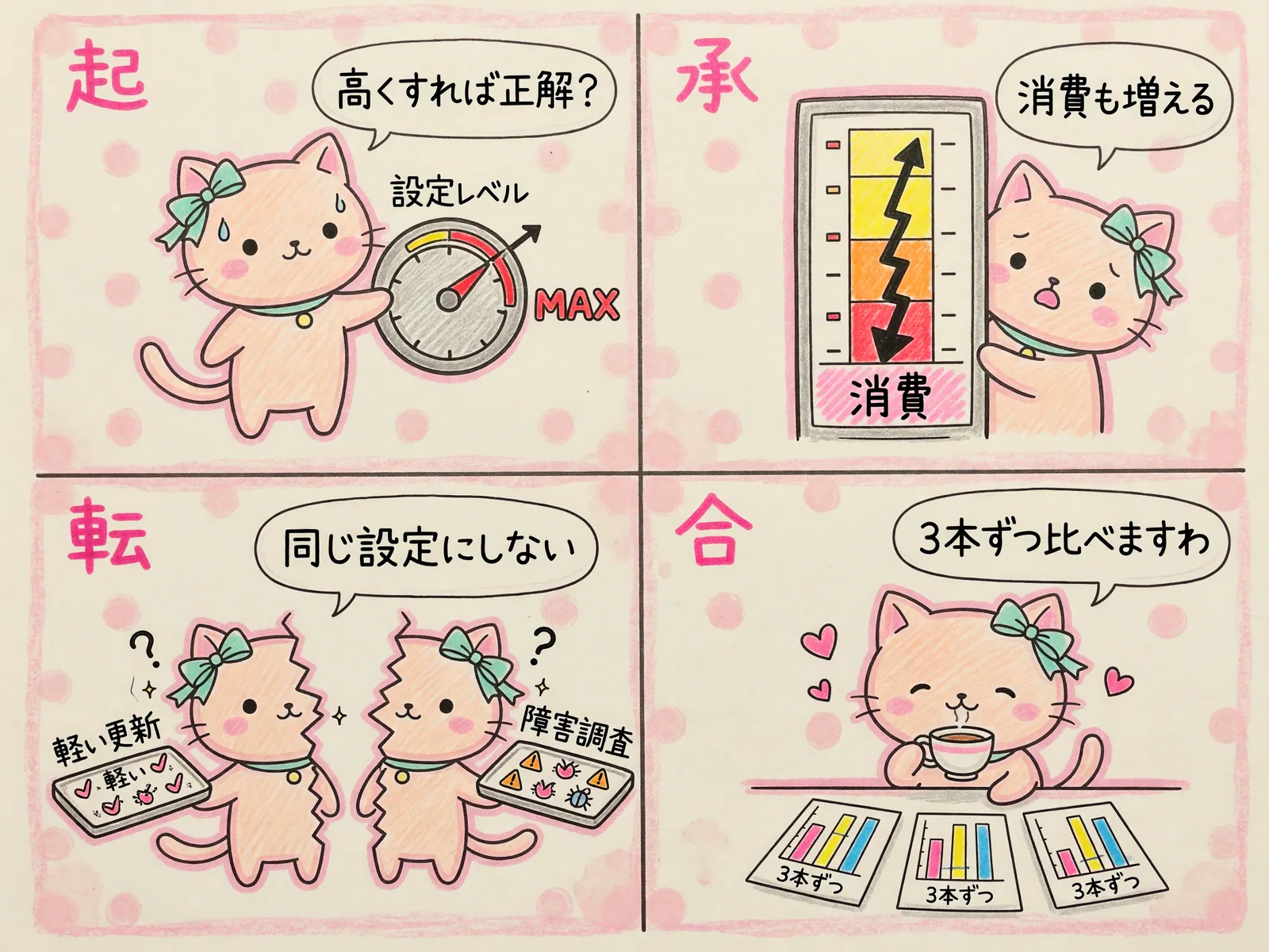 子猫の4コマの図。設定を高くすれば正解ではなく消費も増えるので、同じ設定にせず3本ずつ比べる流れ