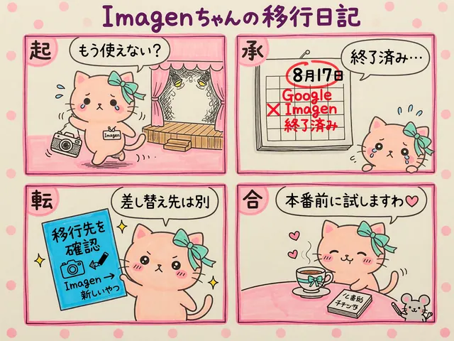 「Imagenちゃんの移行日記」と題した子猫の4コマの図。8月17日にGoogleのImagenが終わったので、移行先を確かめて本番の前に試す流れ