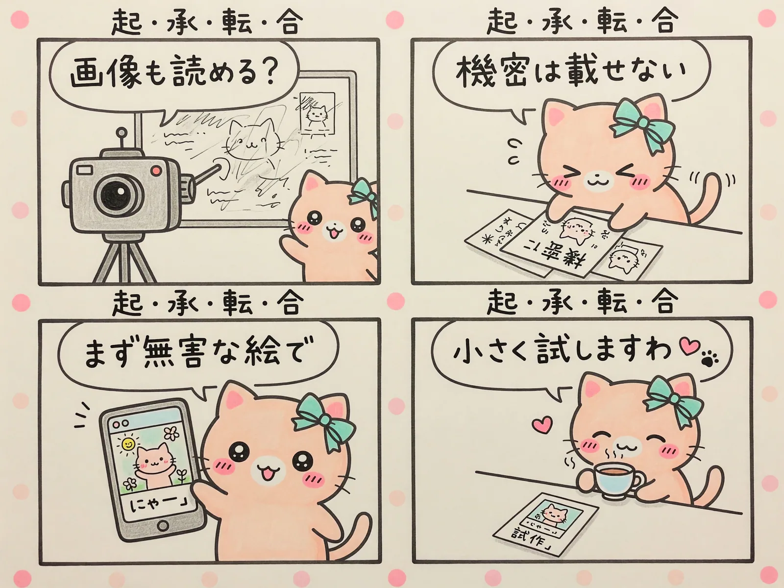 子猫の4コマの図。画像も読めるが機密は載せず、まず無害な絵で小さく試す流れ