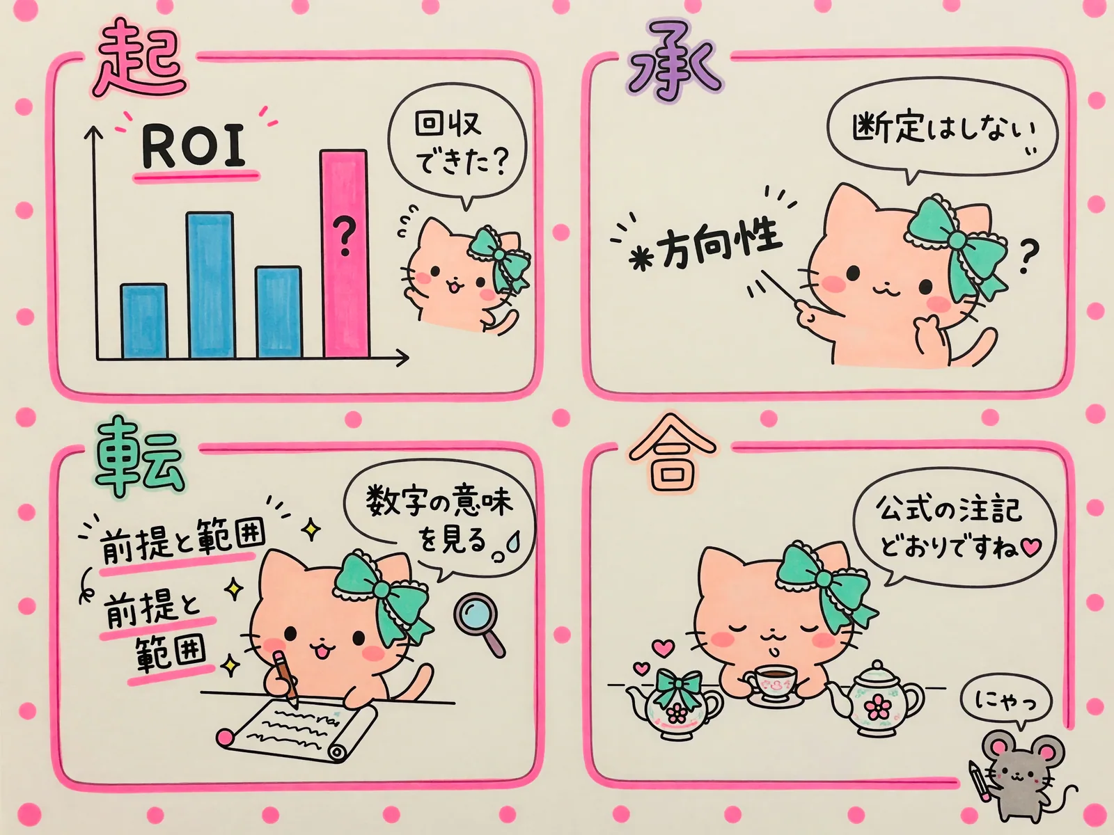 子猫の4コマの図。ROIの数字は断定せず方向性として読み、前提と範囲を確かめて公式の注記どおりに扱う流れ