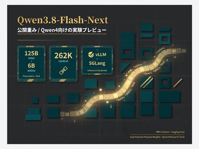 「Qwen3.8-Flash-Next」と題した図。公開重みでQwen4向けの実験版プレビュー、全体125B・動くのは6B、262Kの文脈、vLLMとSGLangに対応と書かれている