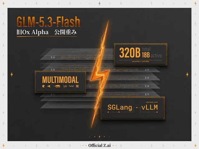 「GLM-5.3-Flash」と題した図。公開重みで全体320B・動くのは18B、マルチモーダル、SGLangとvLLMに対応と書かれている