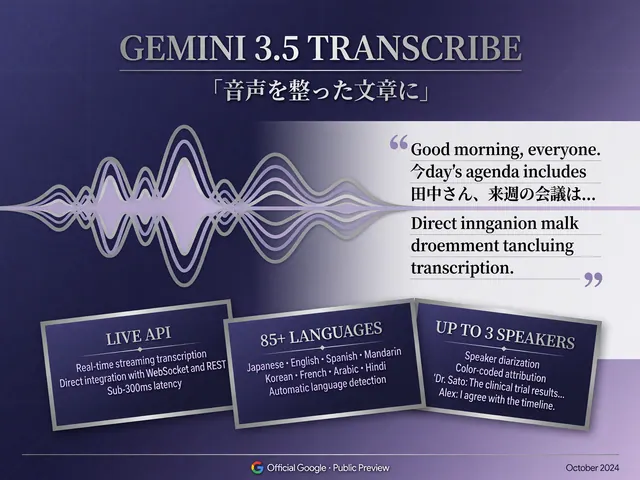 「GEMINI 3.5 TRANSCRIBE」と題した図。音声を整った文章にする機能で、Live API、85以上の言語、話し手3人までの区別が挙がっている