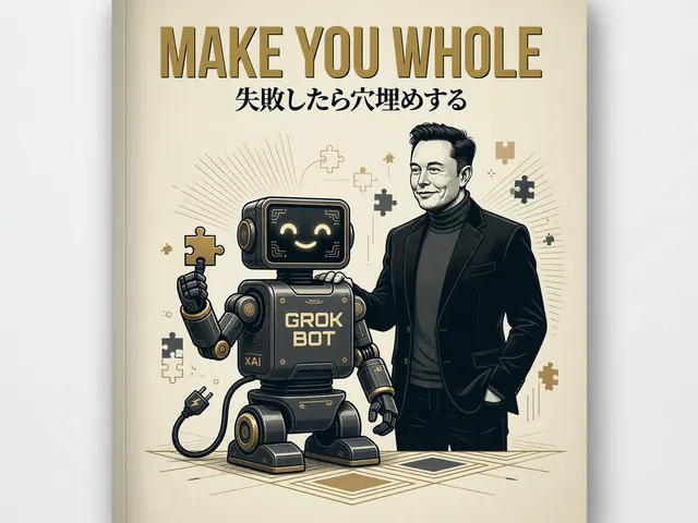 「MAKE YOU WHOLE 失敗したら穴埋めする」と題した、AIで作ったイラスト。イーロン・マスク氏に似せた人物とGrok Botのロボットを描いている