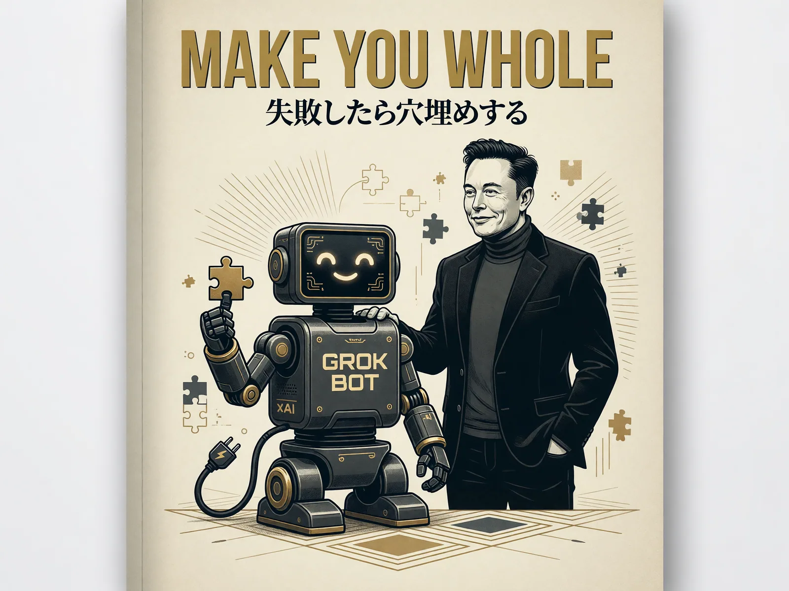 「MAKE YOU WHOLE 失敗したら穴埋めする」と題した、AIで作ったイラスト。イーロン・マスク氏に似せた人物とGrok Botのロボットを描いている