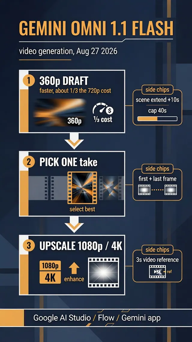 「GEMINI OMNI 1.1 FLASH」と題した動画生成の図。360pの下書き、1本を選ぶ、1080pや4Kへの拡大の3段階を描いている