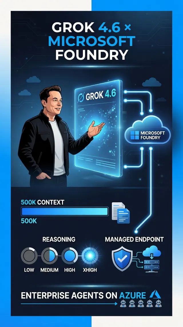 「GROK 4.6 × MICROSOFT FOUNDRY」と題した、AIで作ったイラスト。イーロン・マスク氏に似せた人物と、50万トークンの文脈、推論の段階、Azureでの企業向けエージェントを描いている