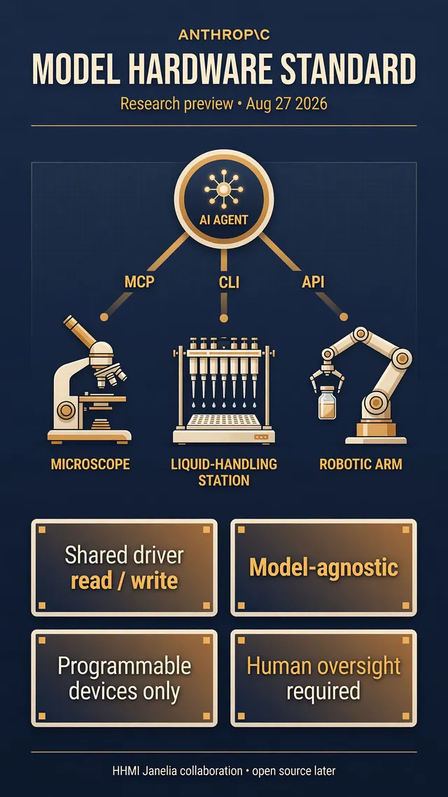 「MODEL HARDWARE STANDARD」と題した図。AIのエージェントがMCP、CLI、APIで実験機器を動かす研究プレビューを描いている