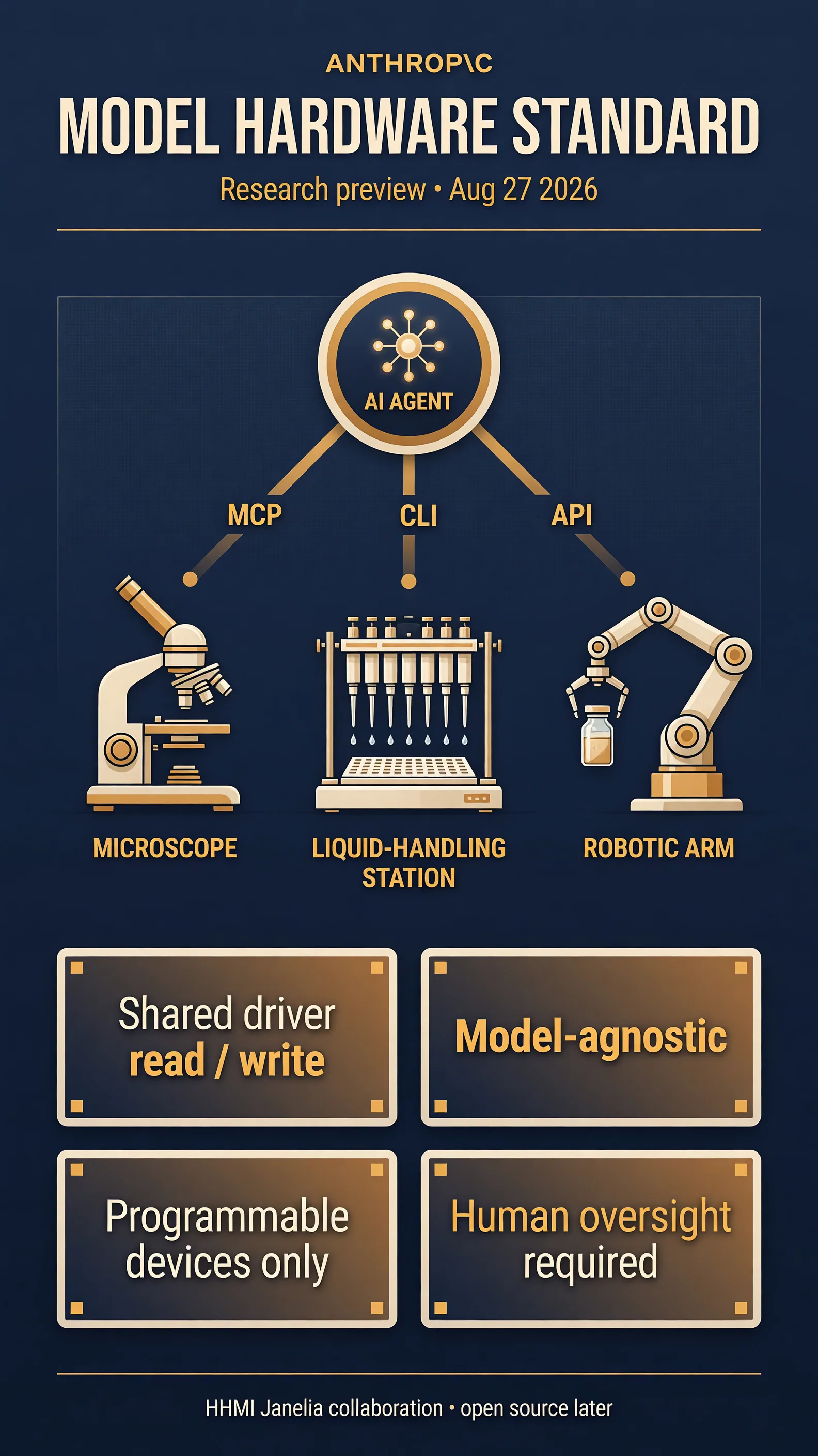 「MODEL HARDWARE STANDARD」と題した図。AIのエージェントがMCP、CLI、APIで実験機器を動かす研究プレビューを描いている