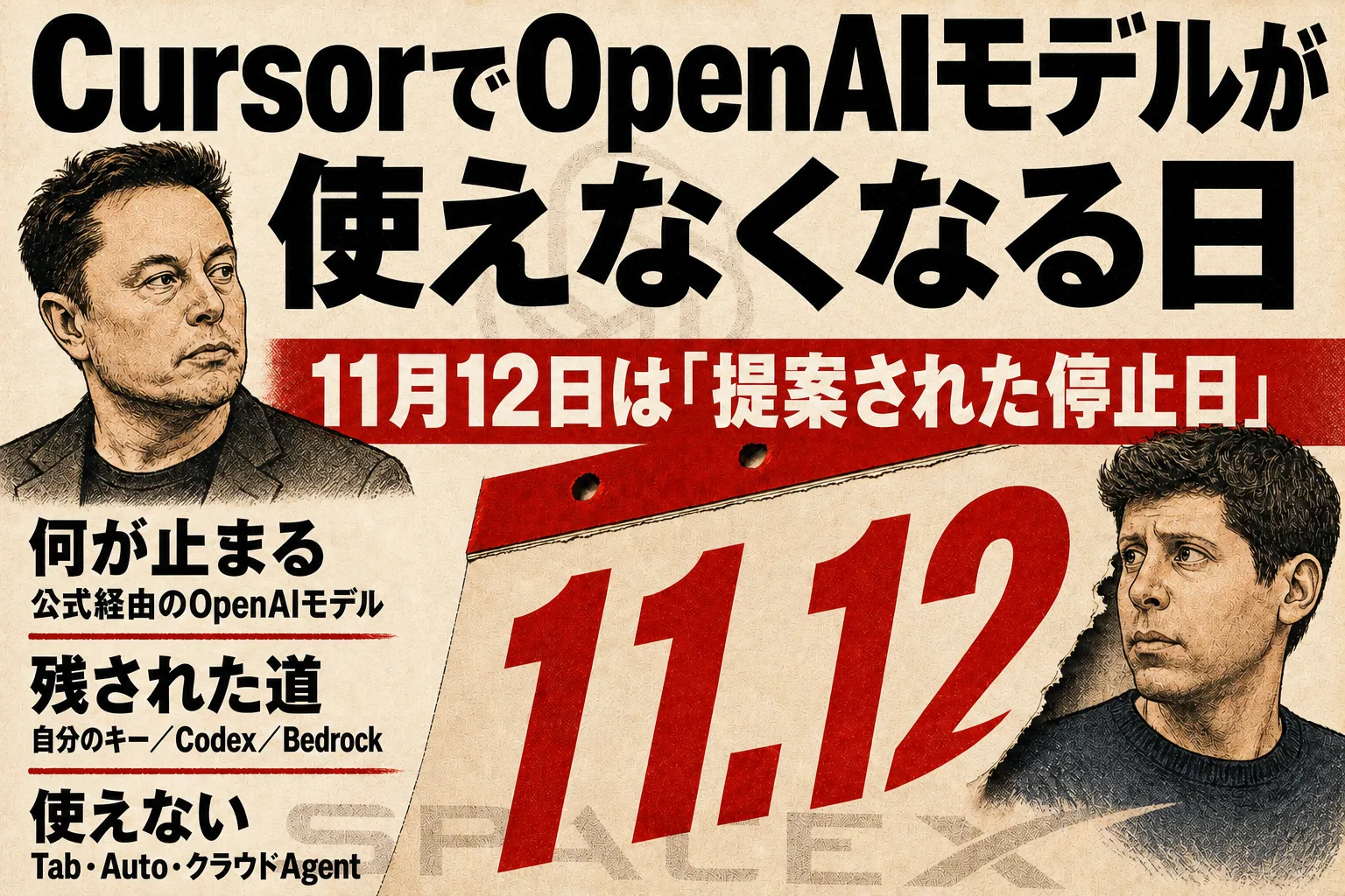 「CursorでOpenAIモデルが使えなくなる日」と題した、AIで作ったイラスト。11月12日は提案された停止日で、止まるもの、残る道、使えないものを並べ、イーロン・マスク氏とサム・アルトマン氏に似せた人物を描いている