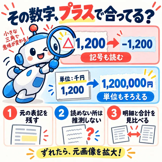 「その数字、プラスで合ってる？」と題した図。1,200と-1,200の符号、千円の単位をそろえ、元の表記を残し、読めない所は推測せず、明細と合計を見比べる