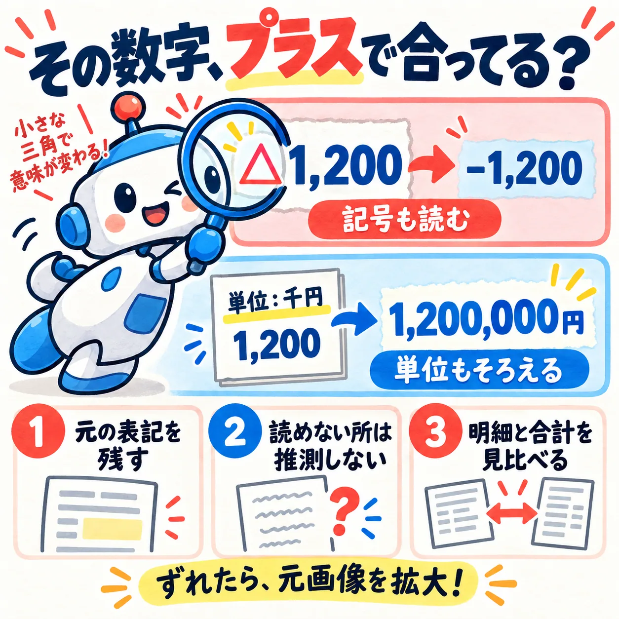 「その数字、プラスで合ってる？」と題した図。1,200と-1,200の符号、千円の単位をそろえ、元の表記を残し、読めない所は推測せず、明細と合計を見比べる