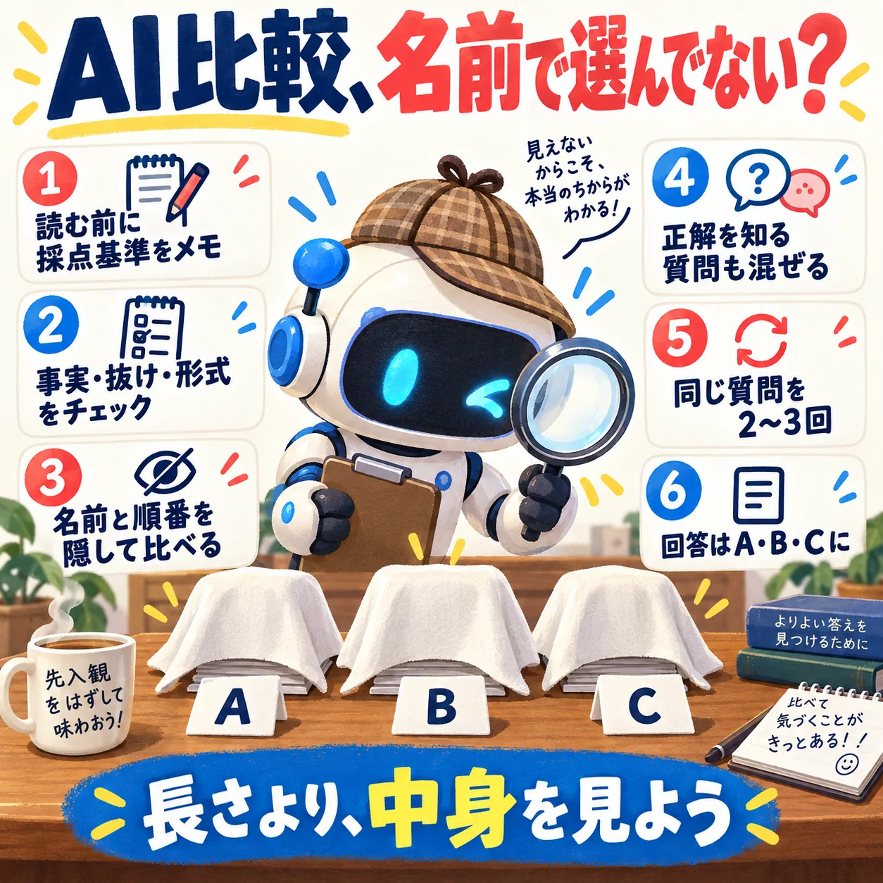 「AI比較、名前で選んでない？」と題した図。採点基準を先に書く、事実と抜けを見る、名前と順番を隠す、同じ質問を2、3回する、A・B・Cで比べる手順