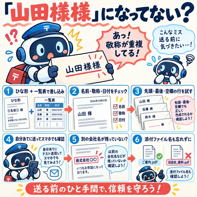 「『山田様様』になってない？」と題した図。差し込みメールを送る前に、ひな形と一覧、敬称と日付、先頭と最後と空欄、自分あてのテスト、別の会社名、添付ファイル名を確かめる6つの手順