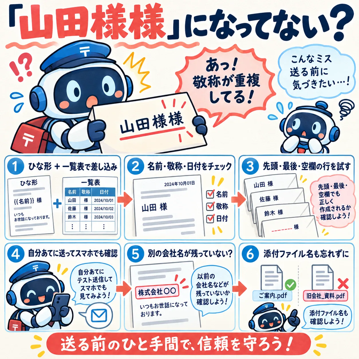 「『山田様様』になってない？」と題した図。差し込みメールを送る前に、ひな形と一覧、敬称と日付、先頭と最後と空欄、自分あてのテスト、別の会社名、添付ファイル名を確かめる6つの手順