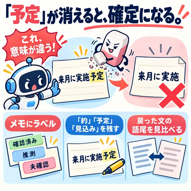 「『予定』が消えると、確定になる。」と題した図。メモに確認済み、推測、未確認のラベルを付け、約や予定の語を残し、戻った文の語尾を見比べる