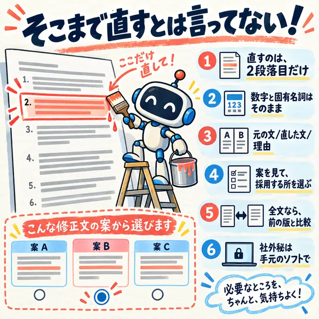 「そこまで直すとは言ってない！」と題した図。直す段落を決め、数字と固有名詞はそのままにし、元の文と直した文を並べて案を選ぶ6つの手順