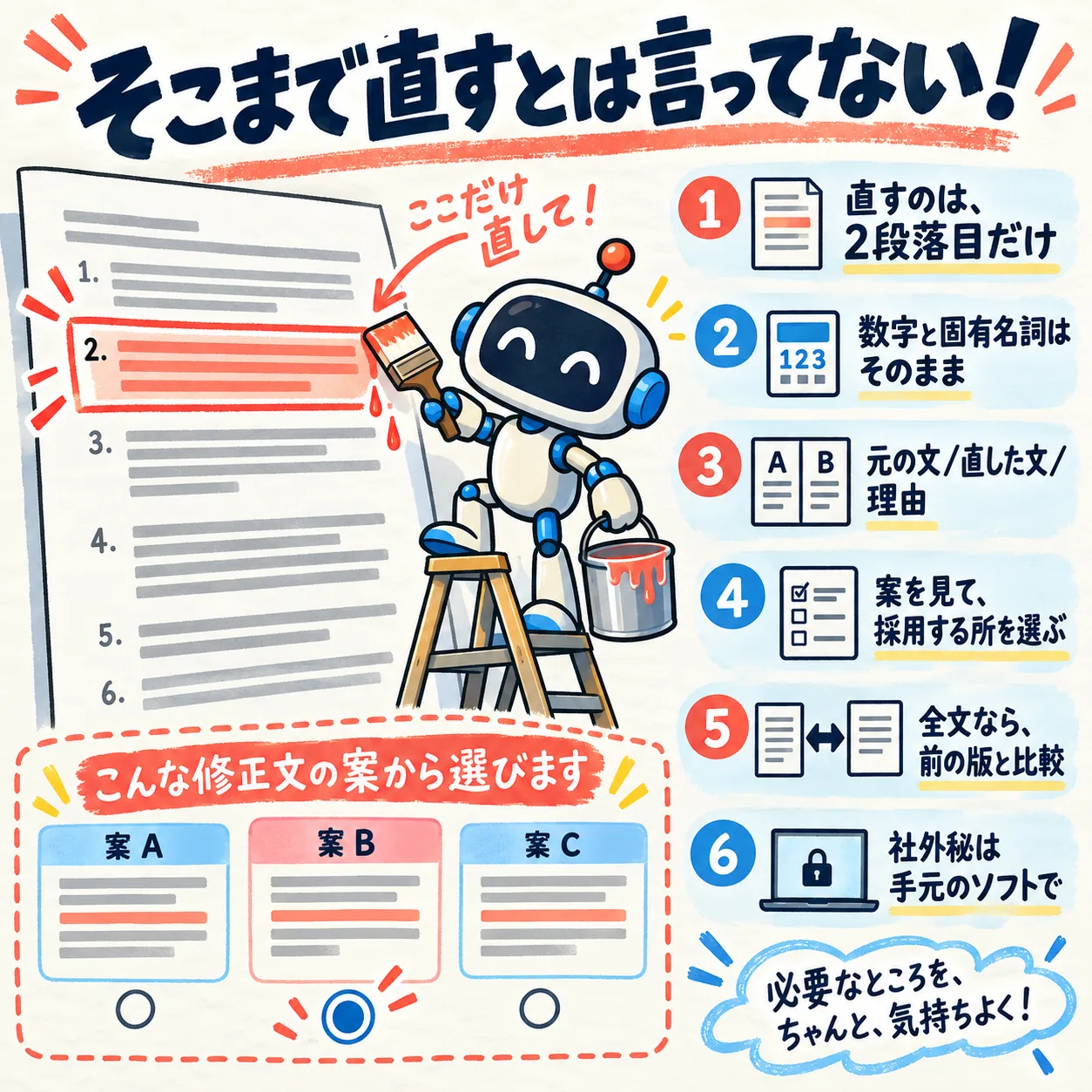 「そこまで直すとは言ってない！」と題した図。直す段落を決め、数字と固有名詞はそのままにし、元の文と直した文を並べて案を選ぶ6つの手順