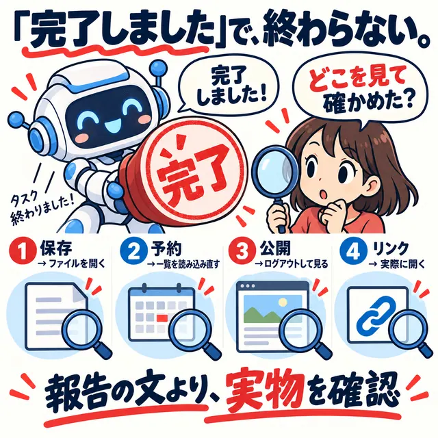 「『完了しました』で、終わらない。」と題した図。保存はファイルを開く、予約は一覧を読む、公開はログアウトして見る、リンクは実際に開くと、報告より実物で確かめる