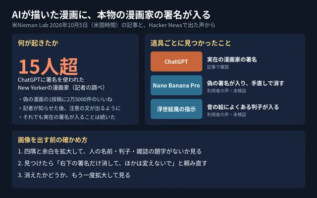 「AIが描いた漫画に、本物の漫画家の署名が入る」と題した図。ChatGPT、Nano Banana Pro、浮世絵風の指示で見つかったことと、画像を出す前の確かめ方