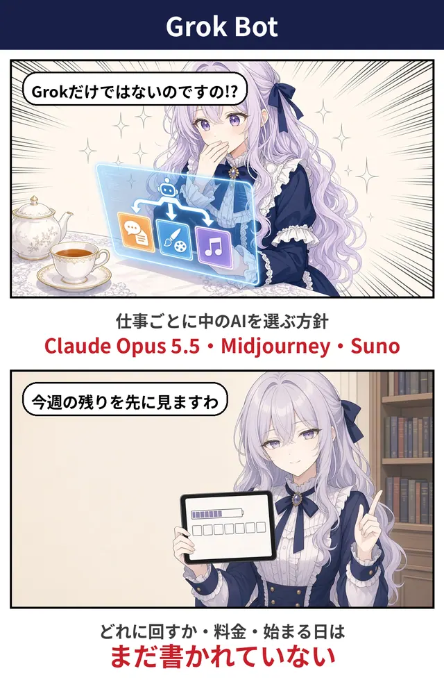 「Grok Bot」と題した2コマの漫画。仕事ごとに中のAIを選ぶ方針で、どれに回すか、料金、始まる日はまだ書かれていないと添えている