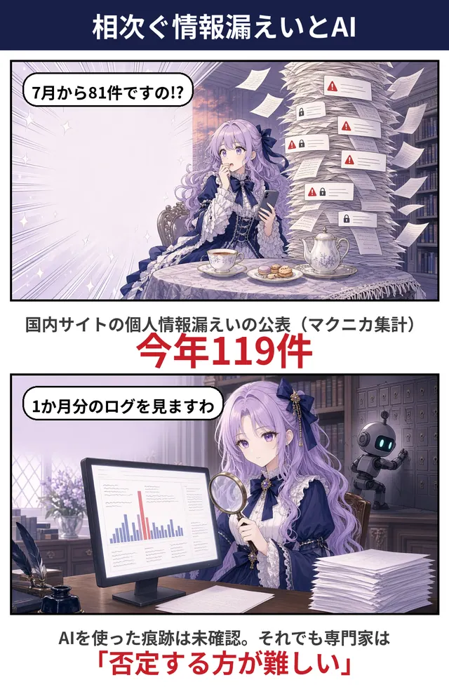「相次ぐ情報漏えいとAI」と題した2コマの漫画。国内の個人情報漏えいの公表が今年119件（マクニカ集計）で、AIを使った痕跡は未確認と添えている