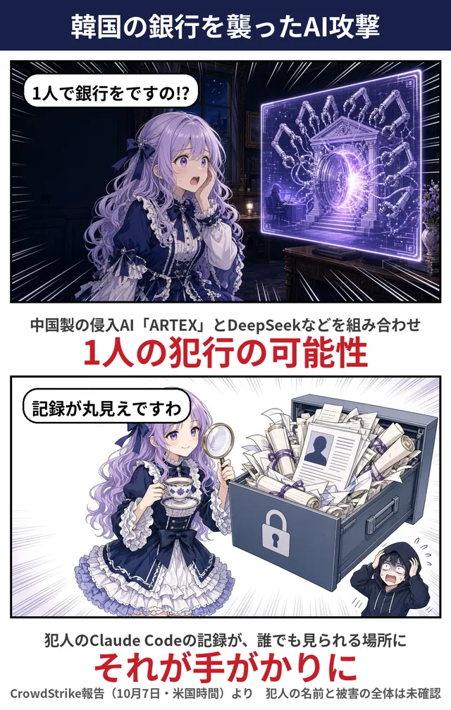 「韓国の銀行を襲ったAI攻撃」と題した2コマの漫画。1人の犯行の可能性と、犯人のClaude Codeの記録が手がかりになったという報道を描いている