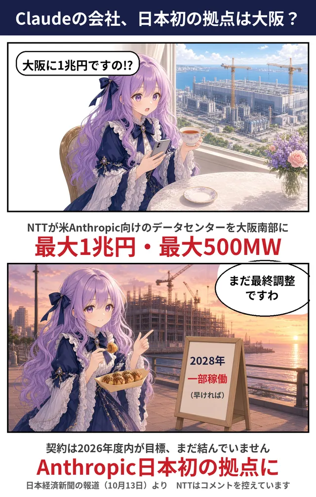 AIで作った説明図。2026年10月13日のポスト「【速報】NTTが、Claudeを作る米Anthropicのデータセンターを大阪に建てる最終調整に入りましたの。」に付けたもの